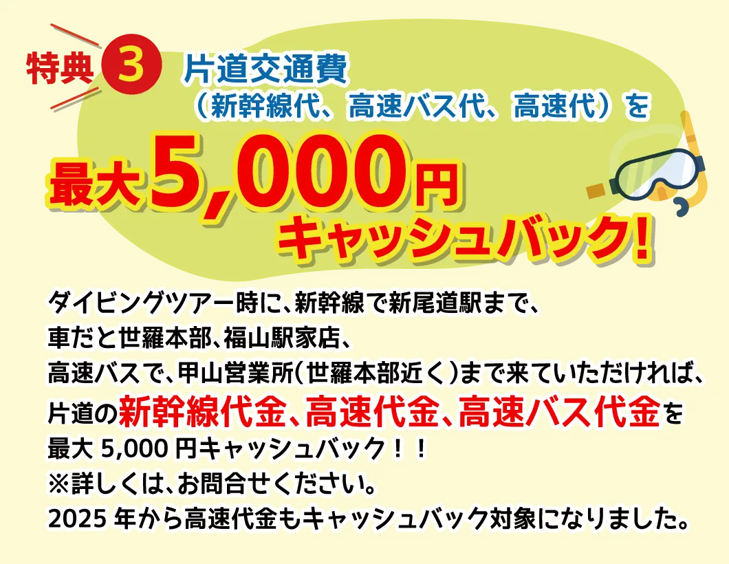 特典3、FUNツアー時、新幹線で新尾道駅、電車で尾道駅・高速バスで世羅まで来ていただければ片道の新幹線代、電車代、高速バス代最大5,000円キャッシュバック！
