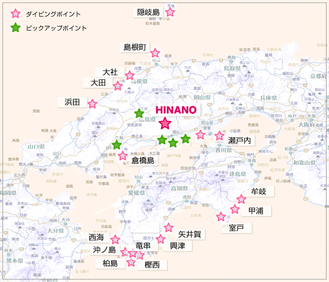 四国、島根のダイビングスポット地図
